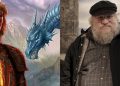 Art of Daeron Targaryen and his dragon Tessarion alongside an image of George R.R. Martin.