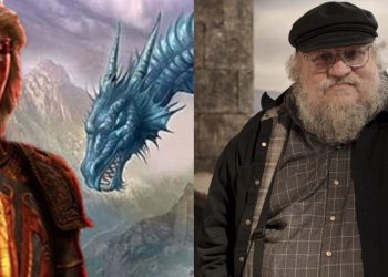 Art of Daeron Targaryen and his dragon Tessarion alongside an image of George R.R. Martin. 