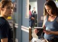 Split images of Jaina Lee Ortiz looking to her right in Grey's Anatomy and looking at a photo frame in Rosewood