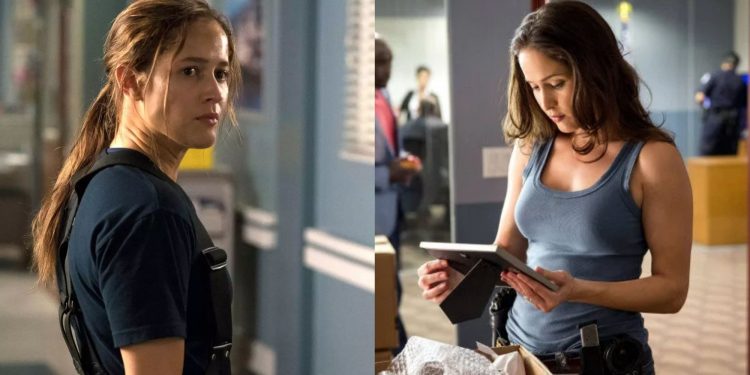 Split images of Jaina Lee Ortiz looking to her right in Grey's Anatomy and looking at a photo frame in Rosewood