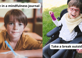 Boy with freckles writing in mindfulness journal and girl in wheelchair taking a break outside, as examples of ways to help kids with anxiety