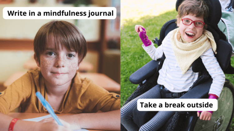Boy with freckles writing in mindfulness journal and girl in wheelchair taking a break outside, as examples of ways to help kids with anxiety