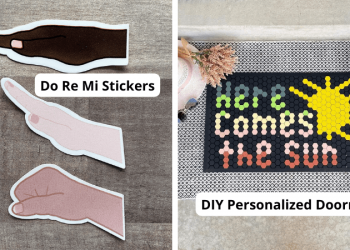 Gifts for music teachers, including do re mi stickers and Here Comes the Sun tile doormat.