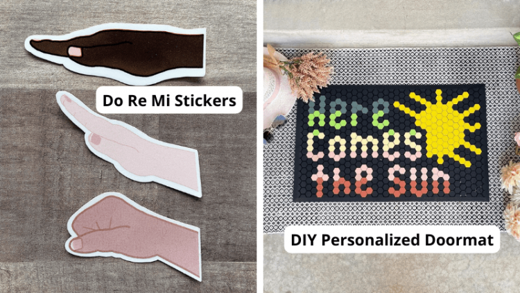 Gifts for music teachers, including do re mi stickers and Here Comes the Sun tile doormat.