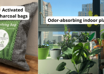 Paired image of activated charcoal bags and plants