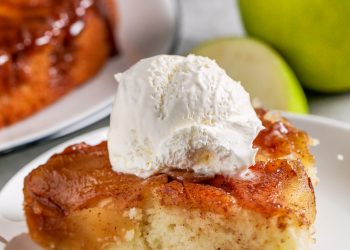 plated Brown Sugar Apple Cake with vanilla ice cream
