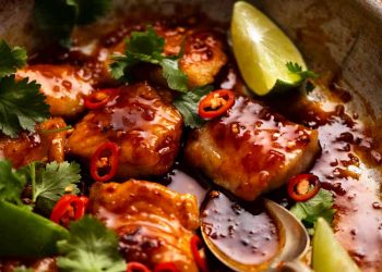 Close up of freshly made Chilli Lime Fish in a skillet