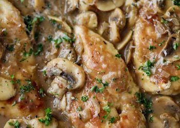 Chicken Marsala in a pan with mushrooms, parsley and shredded parmesan shown close up