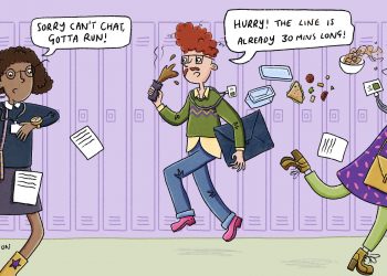 An illustration showing rushed teachers to represent how school won't let them have a refrigerator