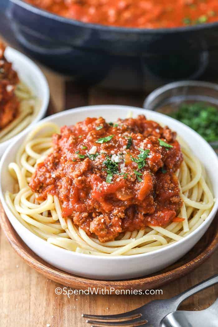 Pasta with homemade sauce in a white bowl