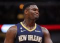 Zion Williamson #1 of the New Orleans Pelicans looks on against the Chicago Bulls during the second half of a preseason game at the United Center on October 04, 2022 in Chicago, Illinois
