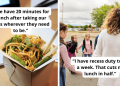 Paired image of a teacher working through lunch and a teacher on recess duty to show how much duty-free time teachers have