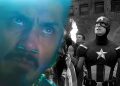 Split image: close-up of Tenoch Huerta as Namor looking out at his people; black-and-white shot of the Avengers fighting the Chitauri