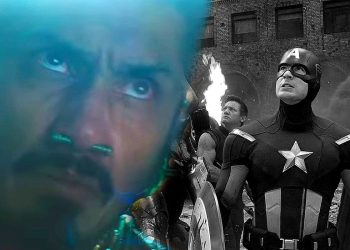 Split image: close-up of Tenoch Huerta as Namor looking out at his people; black-and-white shot of the Avengers fighting the Chitauri