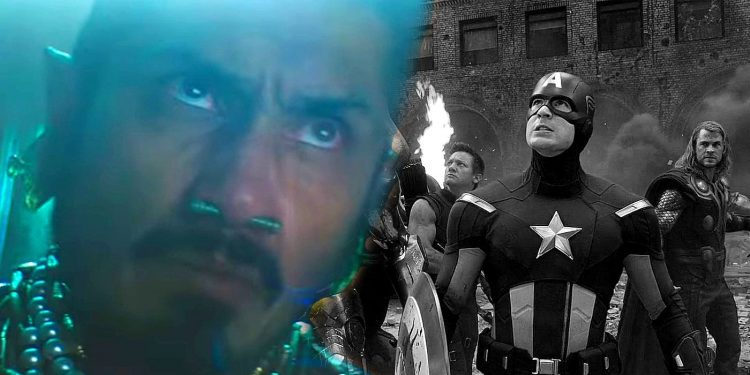 Split image: close-up of Tenoch Huerta as Namor looking out at his people; black-and-white shot of the Avengers fighting the Chitauri