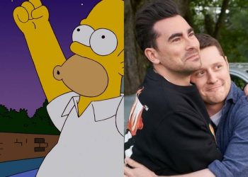 Split image of Homer and Marge in The Simpsons and David and Patrick in Schitt's Creek