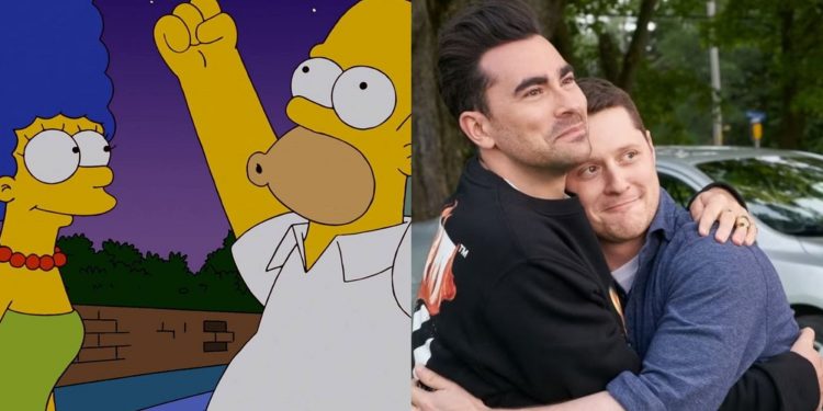Split image of Homer and Marge in The Simpsons and David and Patrick in Schitt's Creek