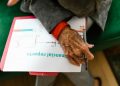 Person holding pen and looking at financial projections on paper