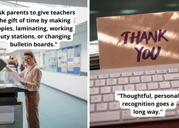 Paired image of parent making copies and a handwritten note to show how teacher appreciation can transform schools