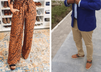 Woman wearing animal print wide leg pants, and man wearing khaki's and blue blazer, as examples of best pants for teachers