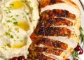 A plate of sliced air fryer turkey breast