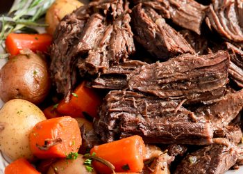 plated Easy Instant Pot Pot Roast with carrots and potatoes