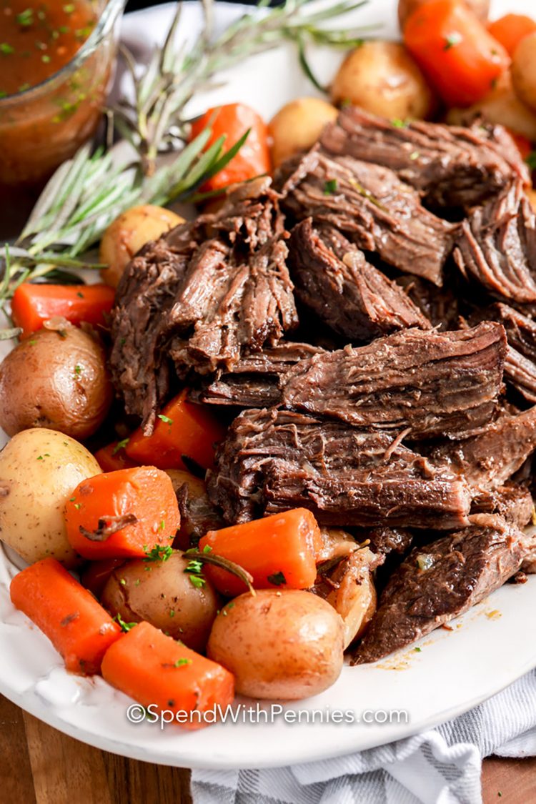 plated Easy Instant Pot Pot Roast with carrots and potatoes