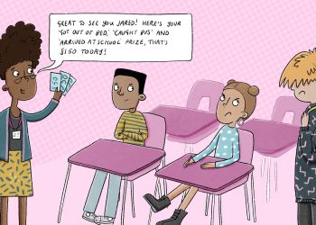 Illustration of a teacher who struggles to motivate her student with gift cards