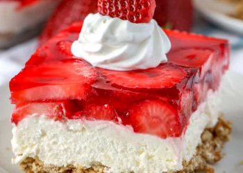 Strawberry pretzel salad on a plate