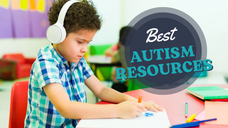 Best Autism Resources for Teachers logo with an autistic boy wearing headphones and writing in a classrom